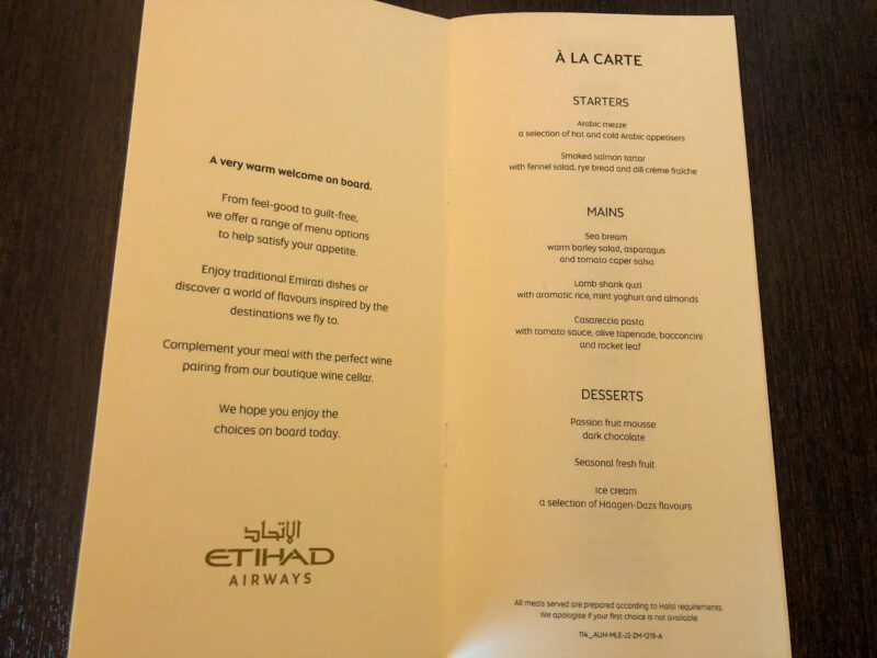 Etihad 787-9 business class menu continued