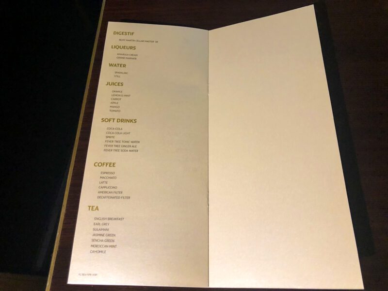 Etihad first class drink menu continued