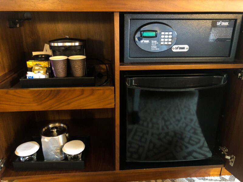 Hilton New York Times Square coffeemaker and safe