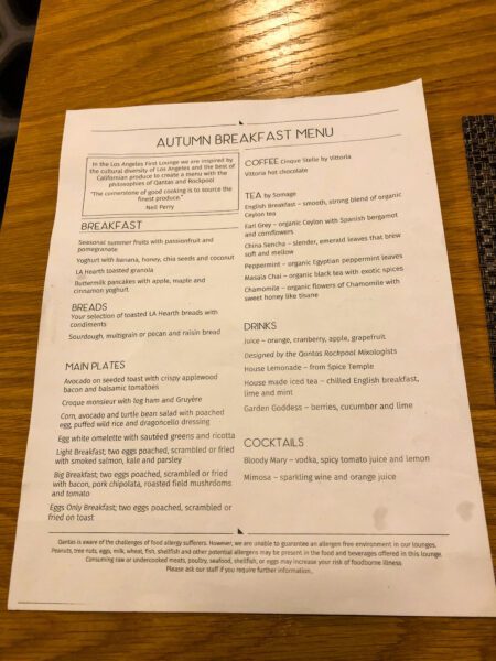 Qantas First Class Lounge Lax Breakfast Menu