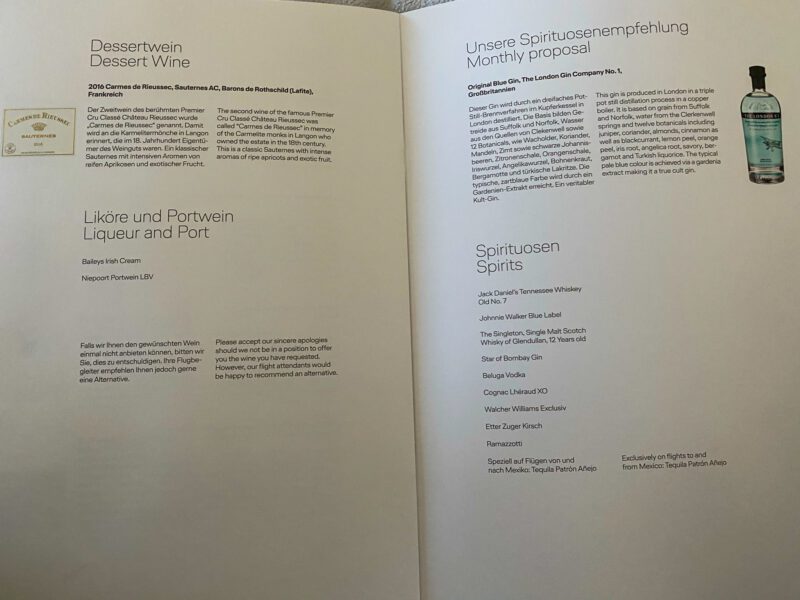 Lufthansa 747-8 First Class Drink Menu Continued (3)