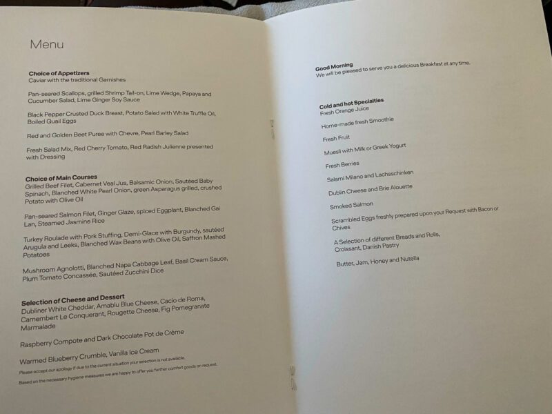 Lufthansa 747-8 First Class Food Menu Continued