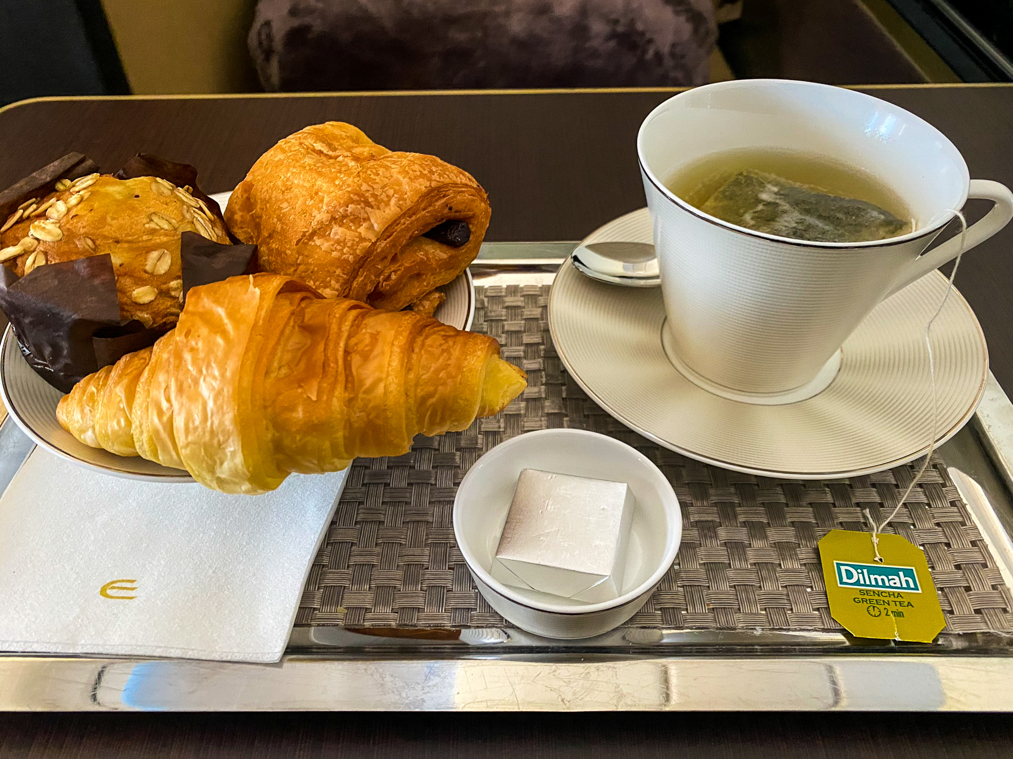 Etihad first class green tea and breakfast pastries