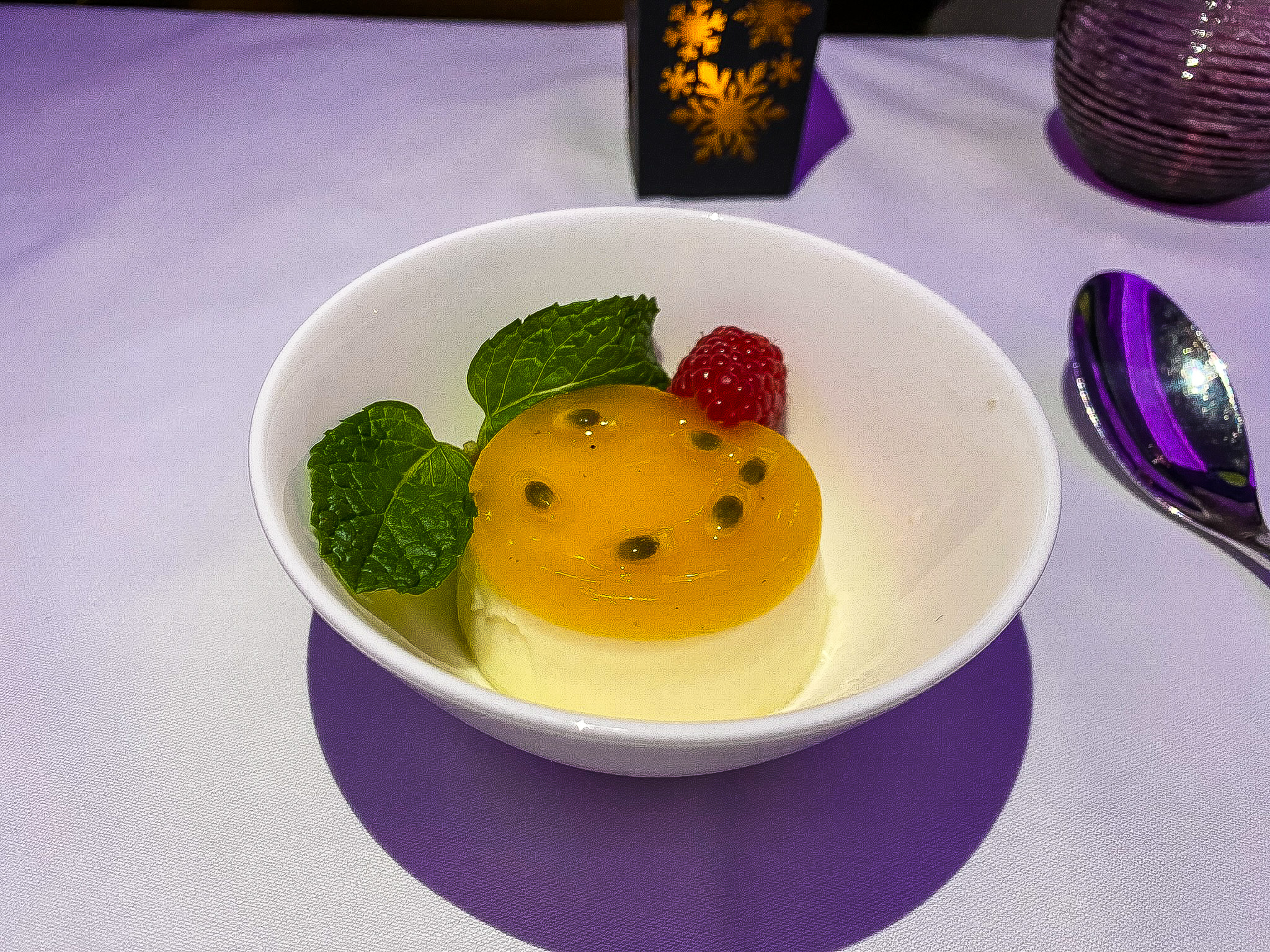 Qatar Airways Qsuites buttermilk panna cotta with passionfruit