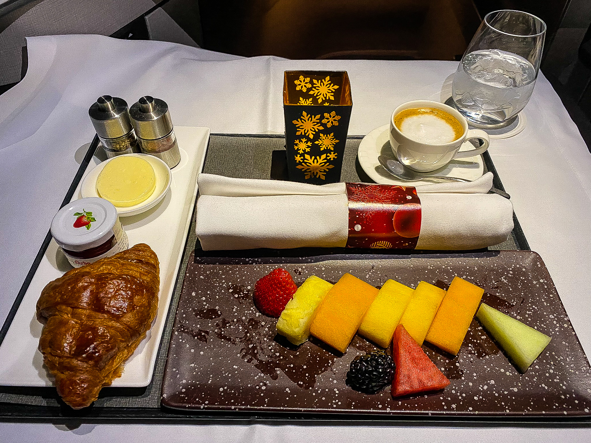 Qatar Airways Qsuites fresh fruit and bread