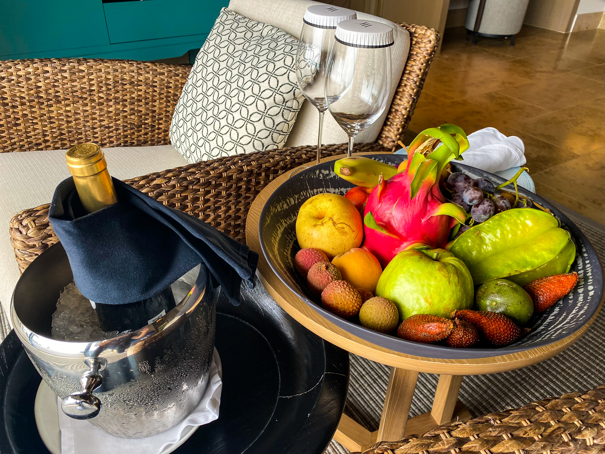 Waldorf Astoria Maldives Ithaafushi king reef villa fresh fruit and wine welcome amenity