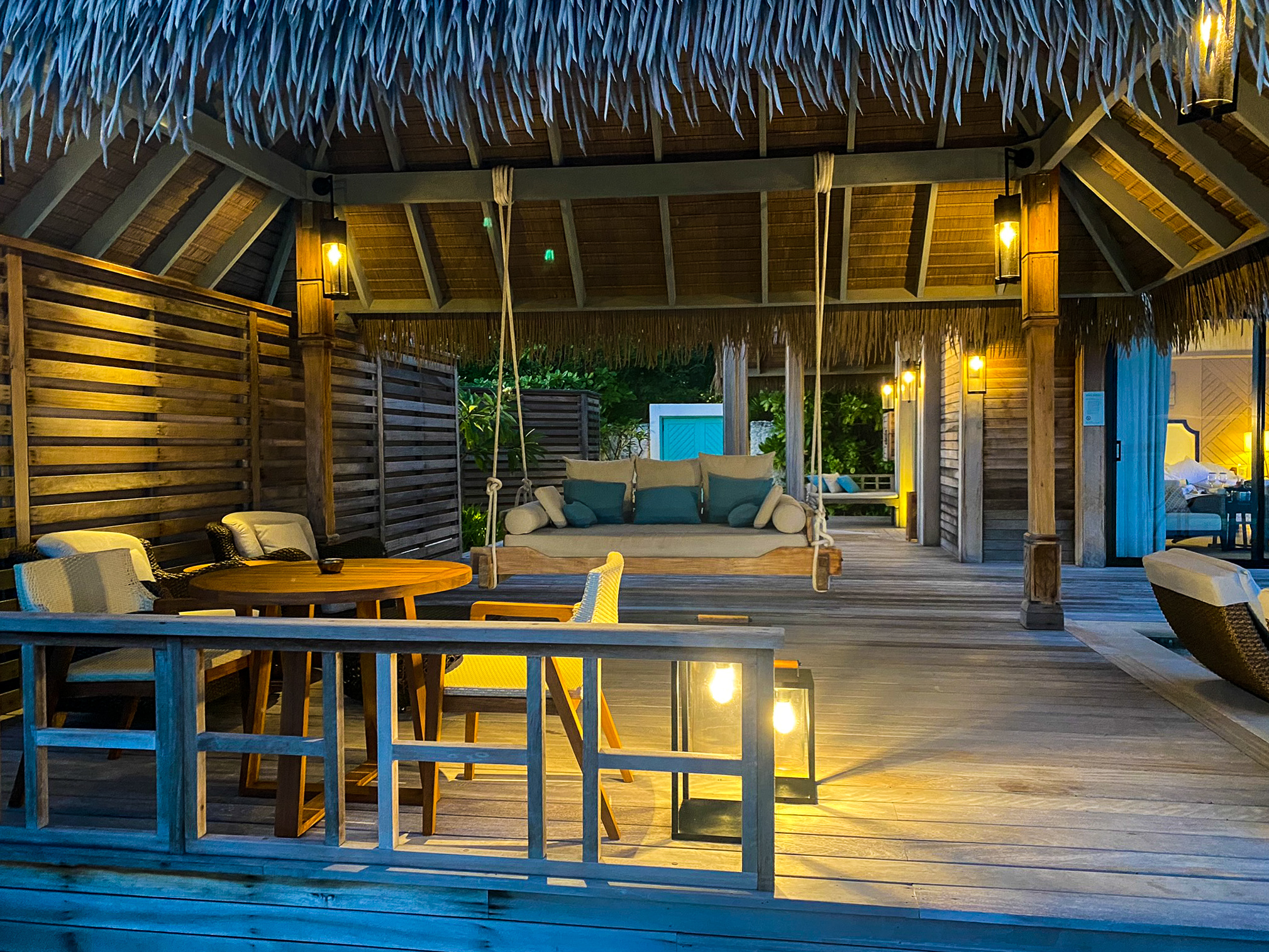 Waldorf Astoria Maldives Ithaafushi king reef villa thatched roof deck area