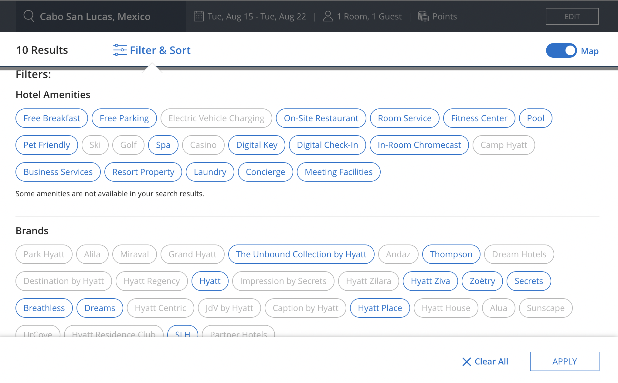 Hyatt Filter & Sort Option - Hotel Results