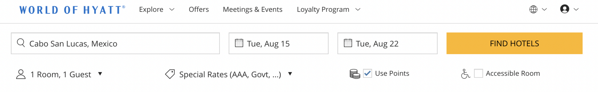 Hyatt Hotels Search Page - Use Points